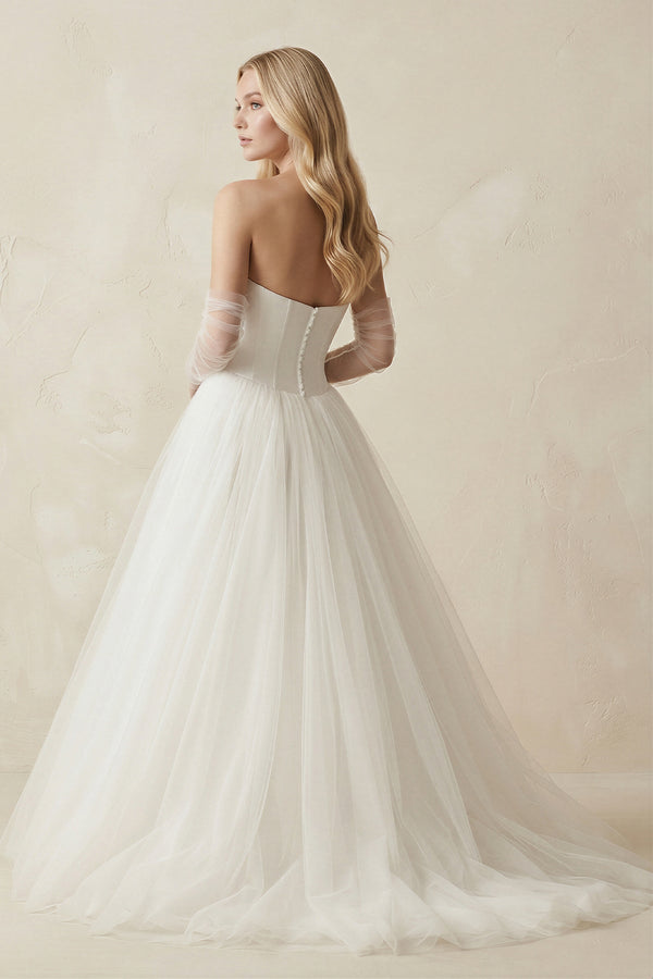 Tulle A - Line Strapless Wedding Dress With Sleeves in Ivory - SHE IS ME Wedding Dresses