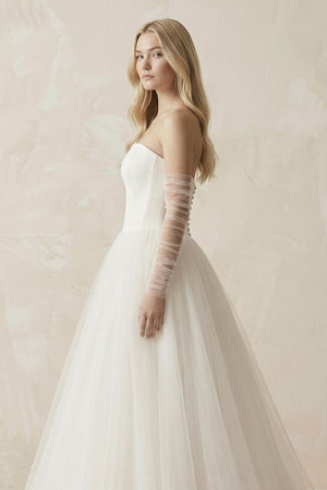 Tulle A - Line Strapless Wedding Dress With Sleeves in Ivory - SHE IS ME Wedding Dresses
