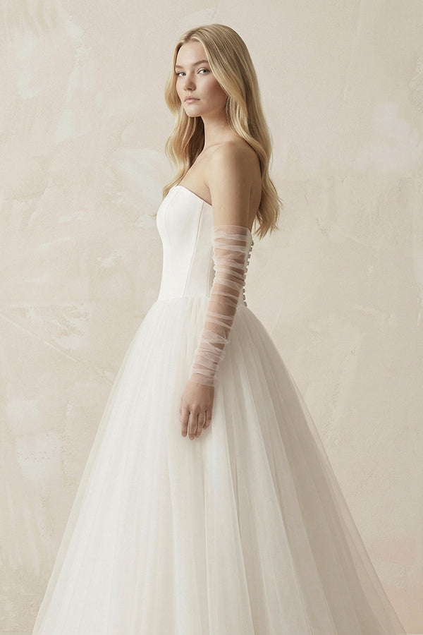Tulle A - Line Strapless Wedding Dress With Sleeves in Ivory - SHE IS ME Wedding Dresses
