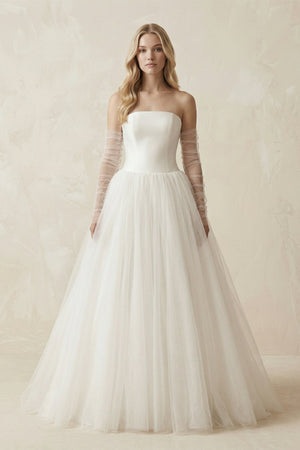 Tulle A - Line Strapless Wedding Dress With Sleeves in Ivory - SHE IS ME Wedding Dresses
