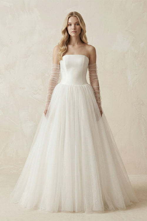 Tulle A - Line Strapless Wedding Dress With Sleeves in Ivory - SHE IS ME Wedding Dresses