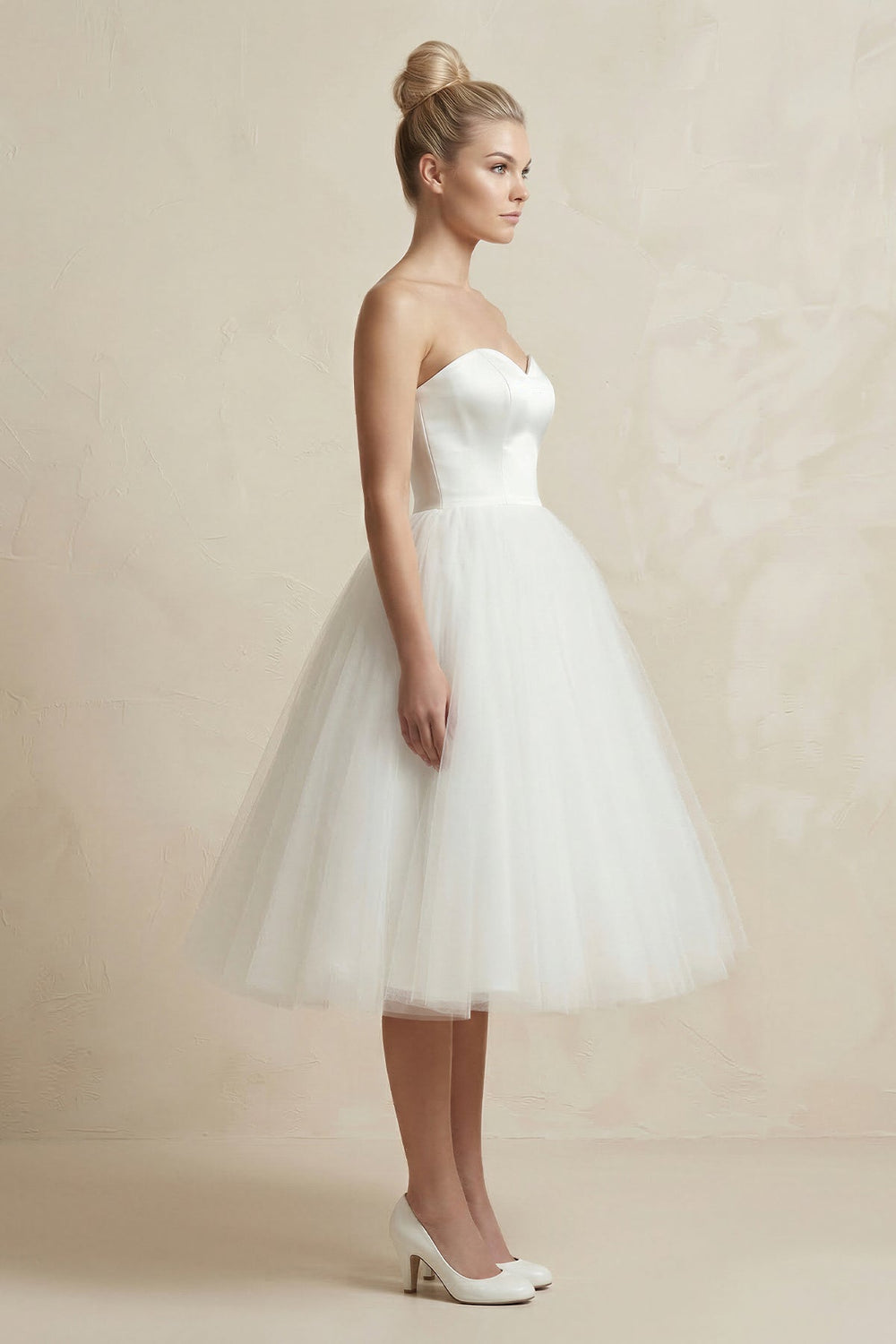 Tulle A - Line Sweetheart Midi Wedding Dress in White - SHE IS ME Wedding Dresses