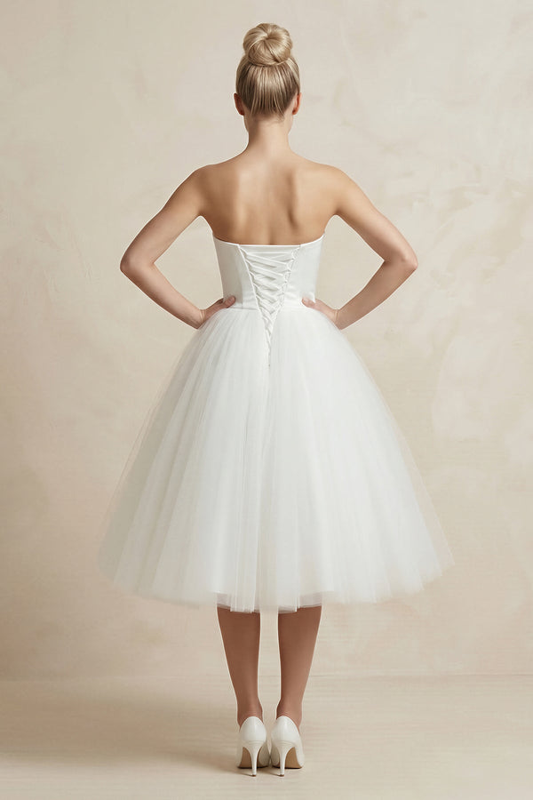 Tulle A - Line Sweetheart Midi Wedding Dress in White - SHE IS ME Wedding Dresses