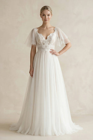 Tulle Lace A - Line V - Neck Wedding Dress With Sleeve in White - SHE IS ME Wedding Dresses