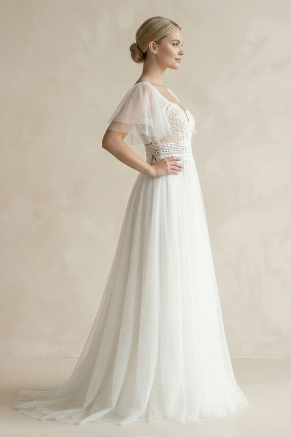 Tulle Lace A - Line V - Neck Wedding Dress With Sleeve in White - SHE IS ME Wedding Dresses