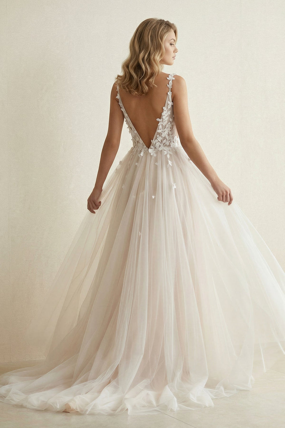 Tulle V - Neck A - Line Appliqued Wedding Dress in Ivory - SHE IS ME Wedding Dresses