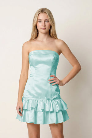 Aqua Ruffled Strapless Tiered A-Line Satin Homecoming Dress -SHEISME
