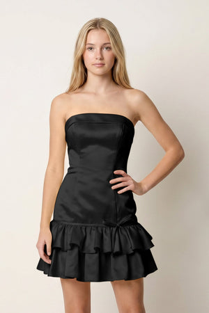 Black Ruffled Strapless Tiered A-Line Satin Homecoming Dress -SHEISME