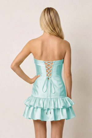 Aqua Ruffled Strapless Tiered A-Line Satin Homecoming Dress -SHEISME
