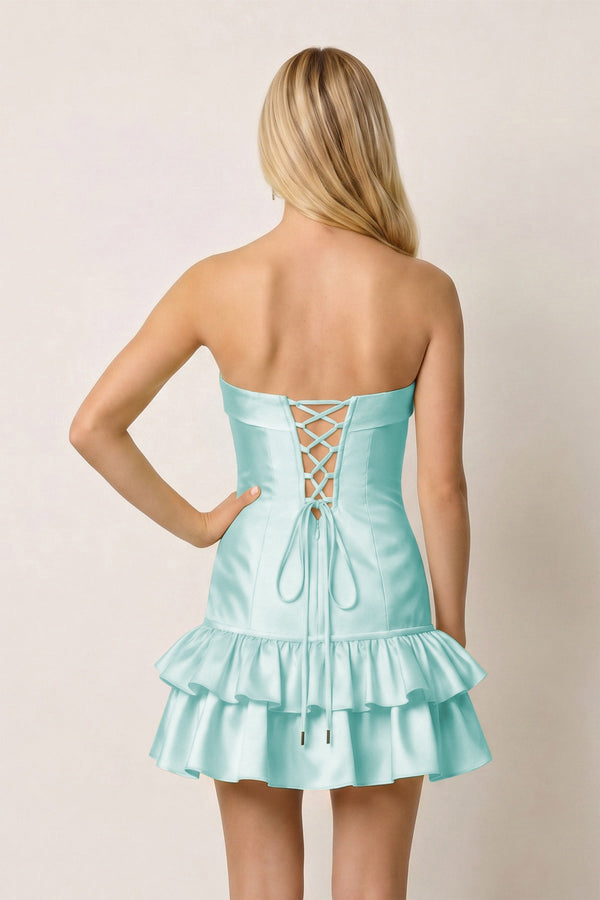 Aqua Ruffled Strapless Tiered A-Line Satin Homecoming Dress -SHEISME