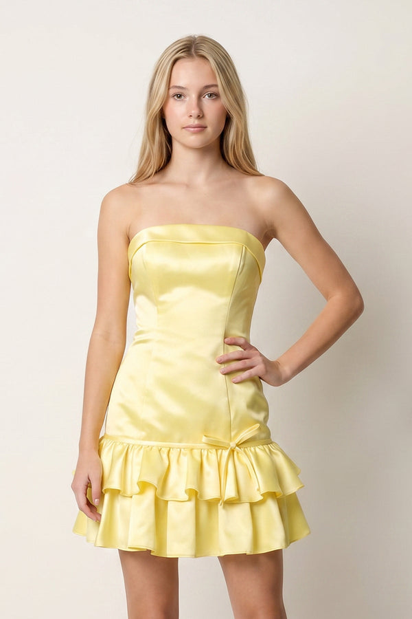 Yellow Ruffled Strapless Tiered A-Line Satin Homecoming Dress – Homecoming Dress by SHEISME | Available at SHEISME