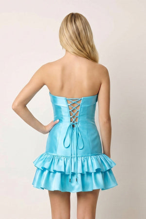Turquoise Ruffled Strapless Tiered A-Line Satin Homecoming Dress – Homecoming Dress by SHEISME | Available at SHEISME