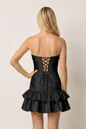 Black Ruffled Strapless Tiered A-Line Satin Homecoming Dress -SHEISME