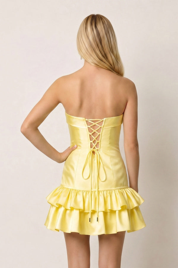 Yellow Ruffled Strapless Tiered A-Line Satin Homecoming Dress – Homecoming Dress by SHEISME | Available at SHEISME