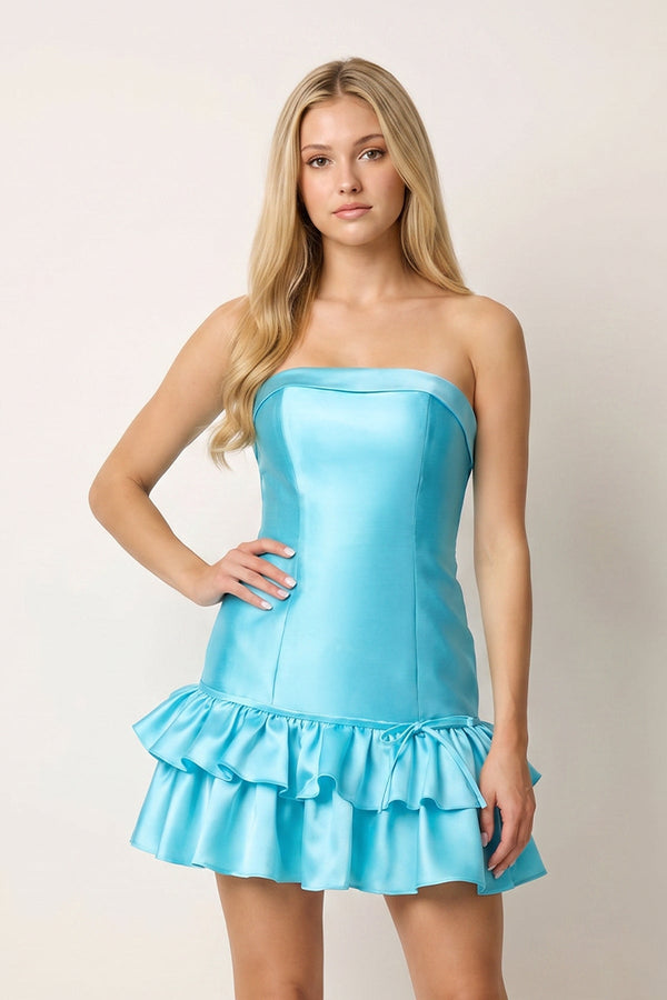 Turquoise Ruffled Strapless Tiered A-Line Satin Homecoming Dress