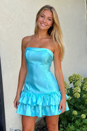 Turquoise Ruffled Strapless Tiered A-Line Satin Homecoming Dress | SHEISME