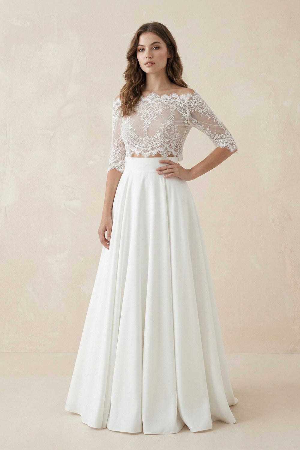 Two Piece A Line Satin Wedding Dress With Lace in Ivory - SHE IS ME Wedding Dresses
