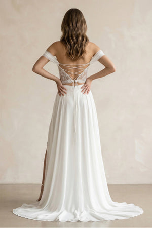 Two - Piece Chiffon Off - the - Shoulder A - Line Wedding Dress in White - SHE IS ME Wedding Dresses