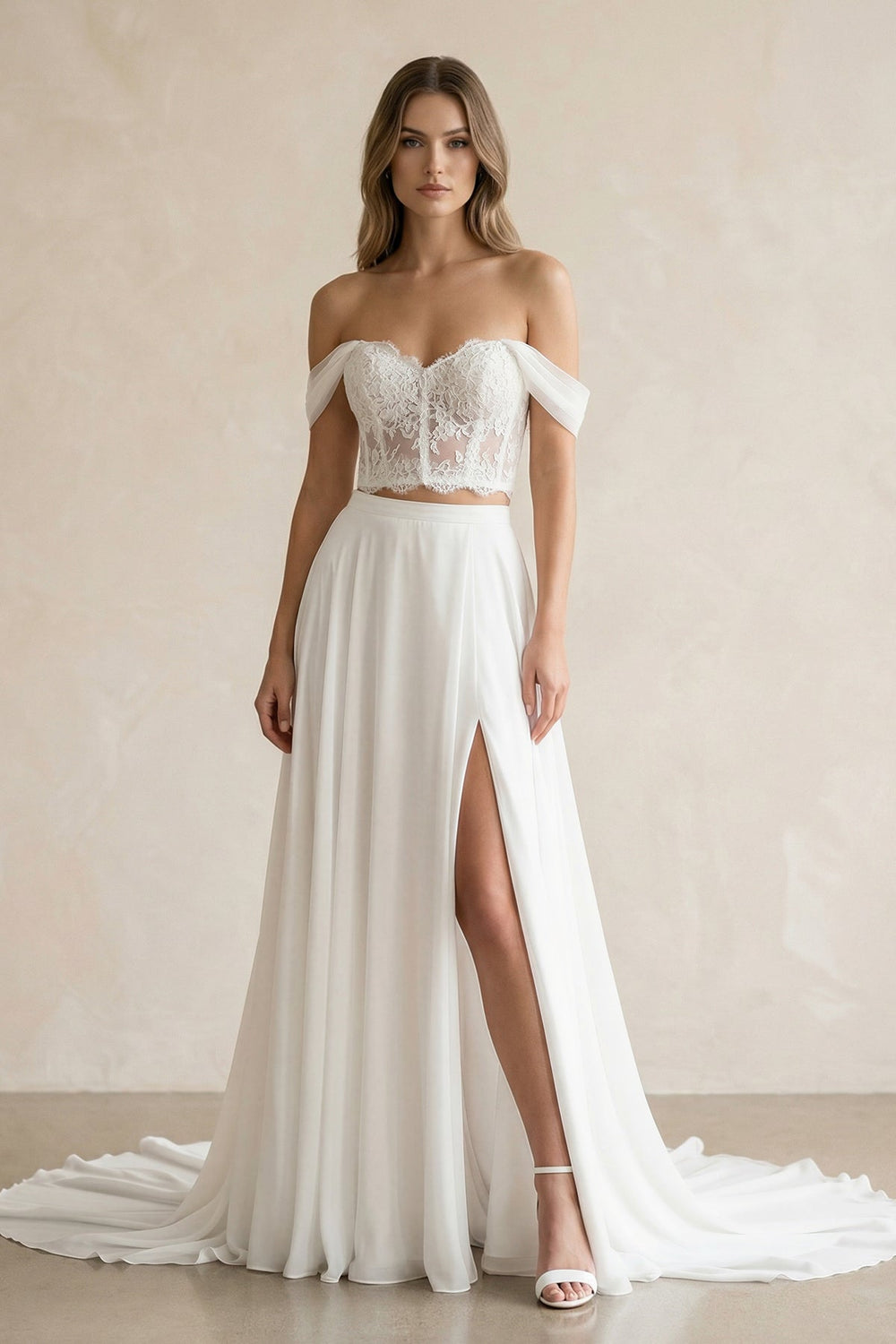 Two - Piece Chiffon Off - the - Shoulder A - Line Wedding Dress in White - SHE IS ME Wedding Dresses