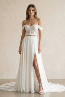 Two - Piece Chiffon Off - the - Shoulder A - Line Wedding Dress in White - SHE IS ME Wedding Dresses