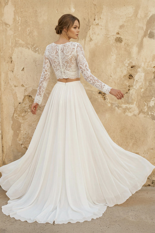 Two Piece V Neck Chiffon Wedding Dress in Ivory - SHE IS ME Wedding Dresses