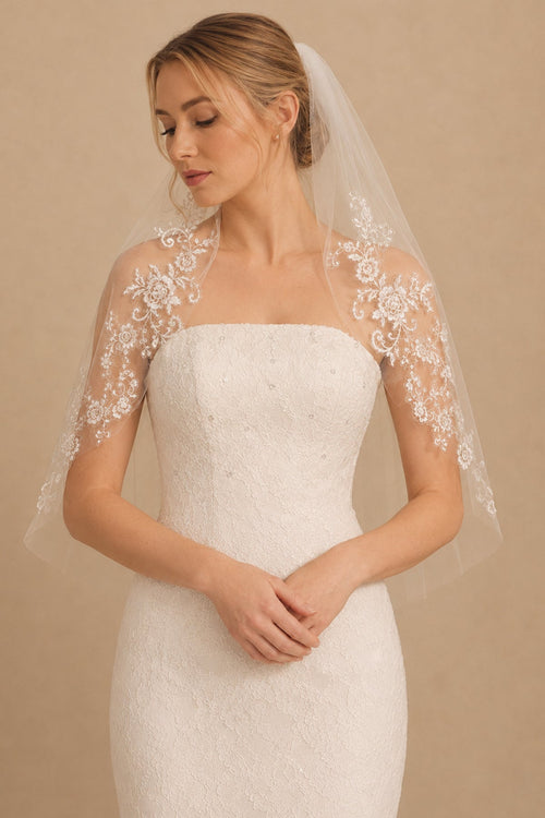Two Tier Short Bridal Veils Lace Mid Length Wedding Veil in Ivory - SHE IS ME Wedding Veils