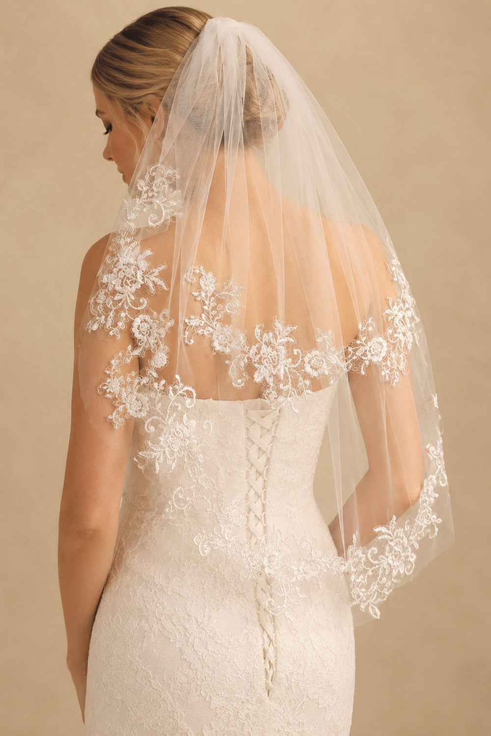 Two Tier Short Bridal Veils Lace Mid Length Wedding Veil in Ivory - SHE IS ME Wedding Veils