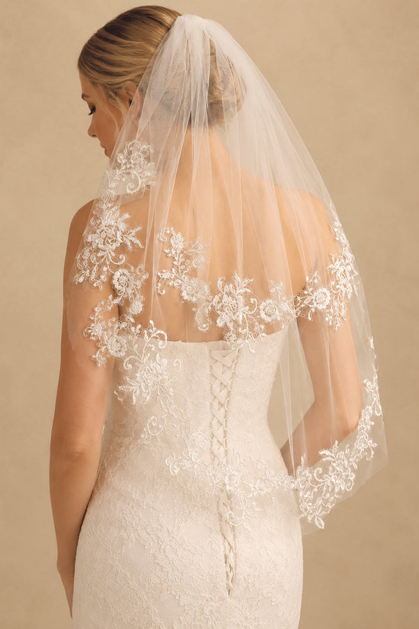 Two Tier Short Bridal Veils Lace Mid Length Wedding Veil in Ivory - SHE IS ME Wedding Veils