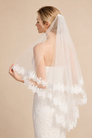 Two Tier Wedding Veils Hip Length Lace Hem Bridal Veil in Ivory - SHE IS ME Wedding Veils