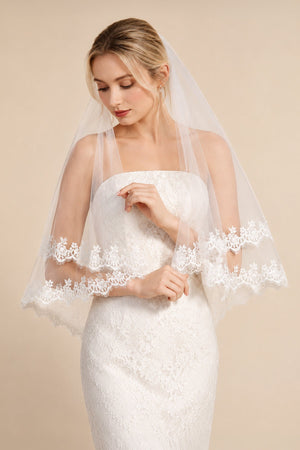 Two Tier Wedding Veils Hip Length Lace Hem Bridal Veil in Ivory - SHE IS ME Wedding Veils