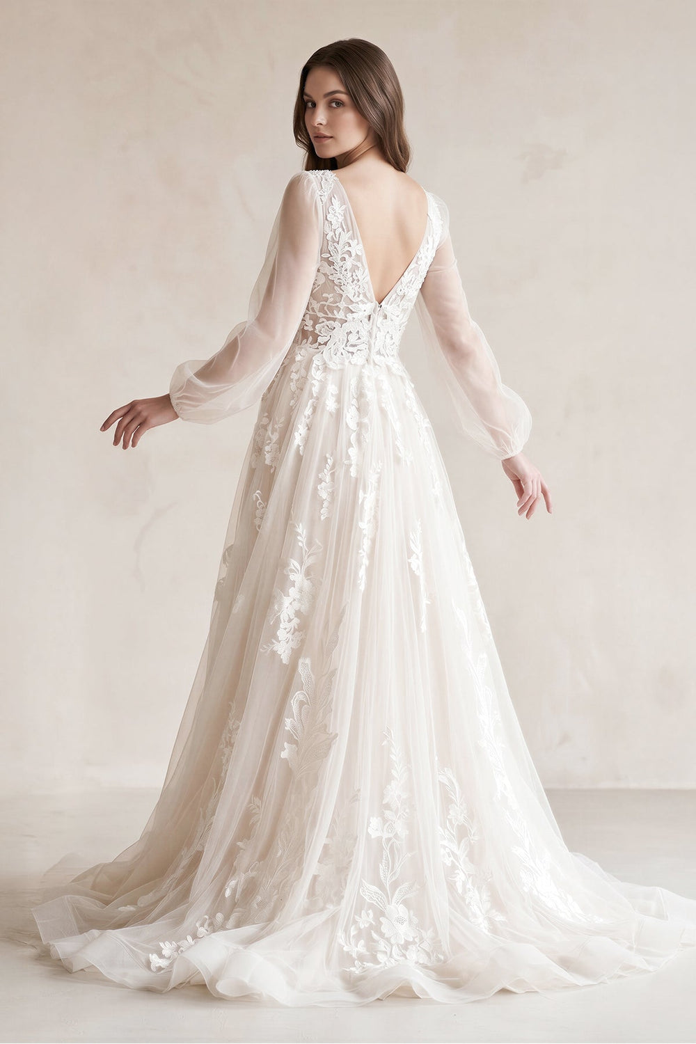 V - Neck A - Line Appliqued Tulle Long Sleeves Wedding Dress in White - SHE IS ME Wedding Dresses