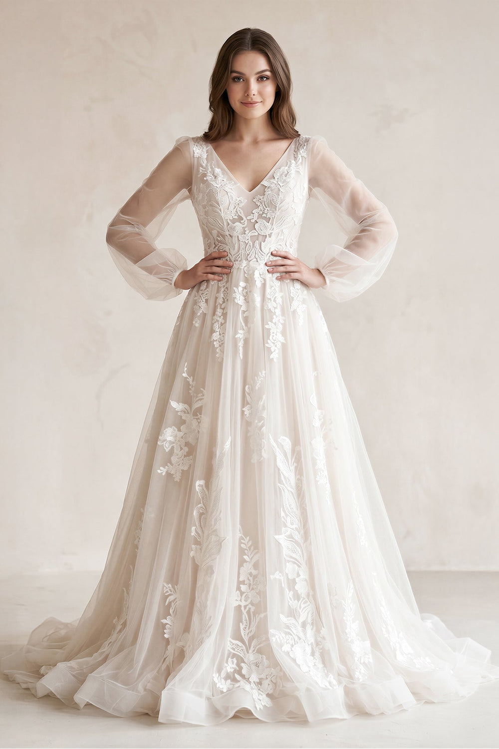 V - Neck A - Line Appliqued Tulle Long Sleeves Wedding Dress in White - SHE IS ME Wedding Dresses