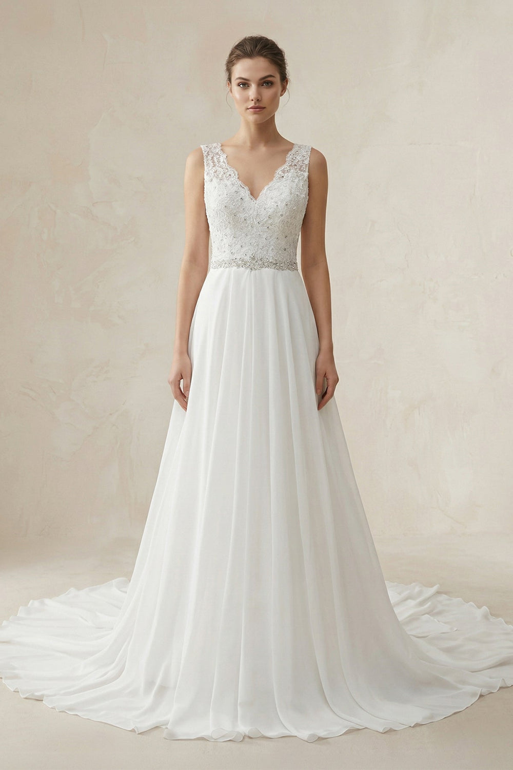 V - Neck A - Line Chiffon Beaded Wedding Dress in White - SHE IS ME Wedding Dresses