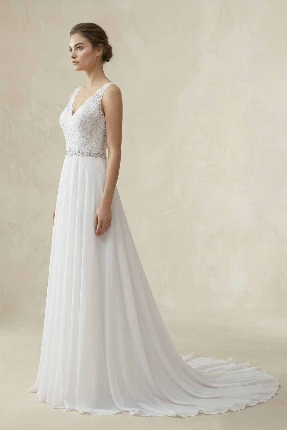 V - Neck A - Line Chiffon Beaded Wedding Dress in White - SHE IS ME Wedding Dresses