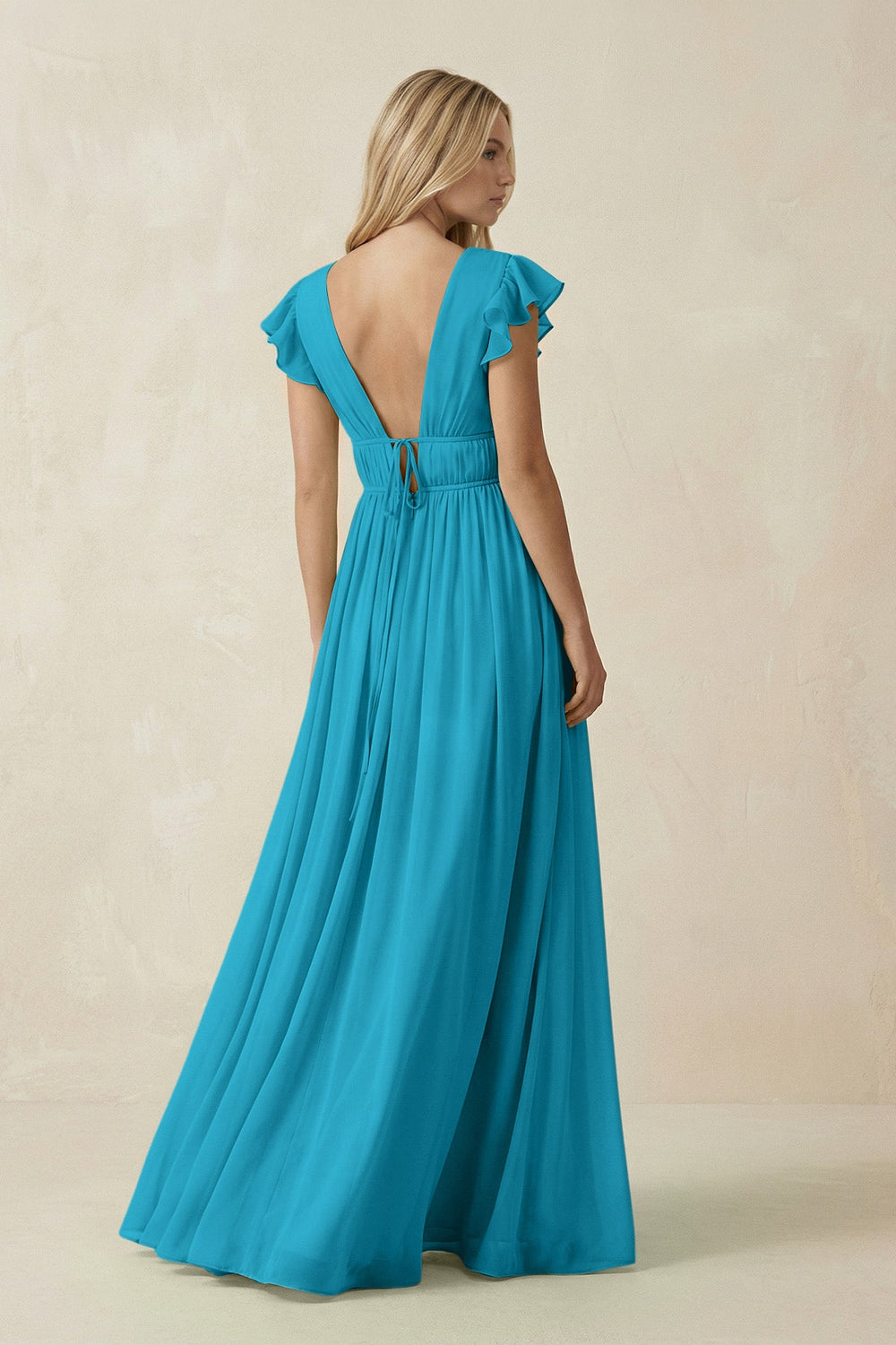 V - Neck A - Line Chiffon Cap Sleeves Bridesmaid Dress in Blue Jay - SHE IS ME Bridesmaid Dresses