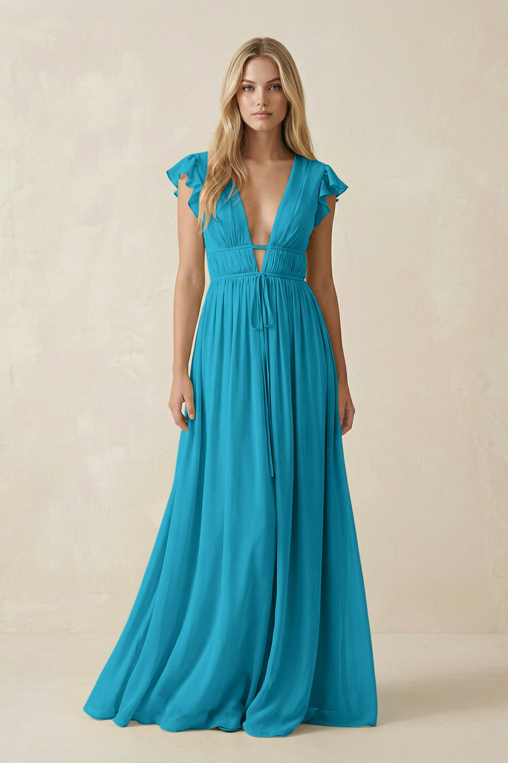 V - Neck A - Line Chiffon Cap Sleeves Bridesmaid Dress in Blue Jay - SHE IS ME Bridesmaid Dresses