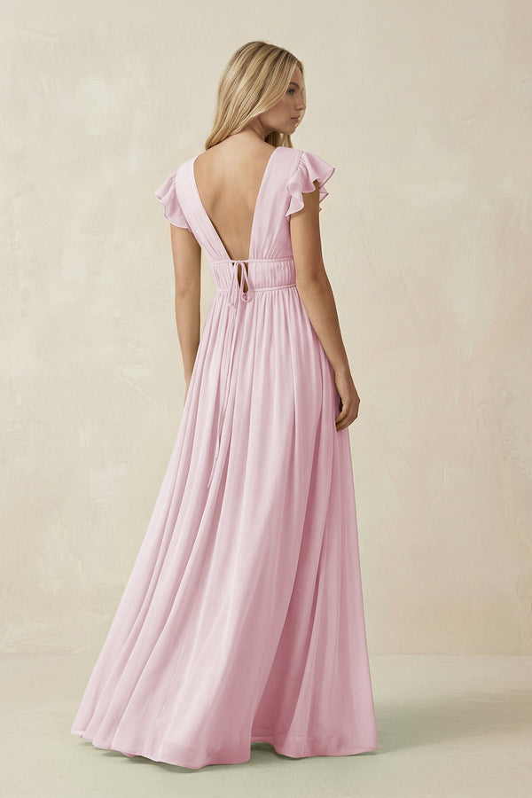 V - Neck A - Line Chiffon Cap Sleeves Bridesmaid Dress in Candy Pink - SHE IS ME Bridesmaid Dresses