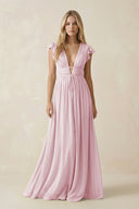 V - Neck A - Line Chiffon Cap Sleeves Bridesmaid Dress in Candy Pink - SHE IS ME Bridesmaid Dresses