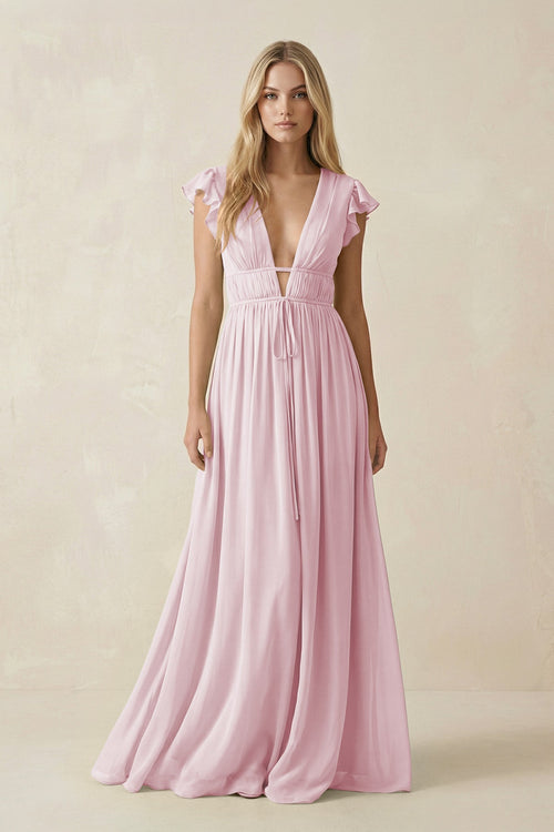 V - Neck A - Line Chiffon Cap Sleeves Bridesmaid Dress in Candy Pink - SHE IS ME Bridesmaid Dresses