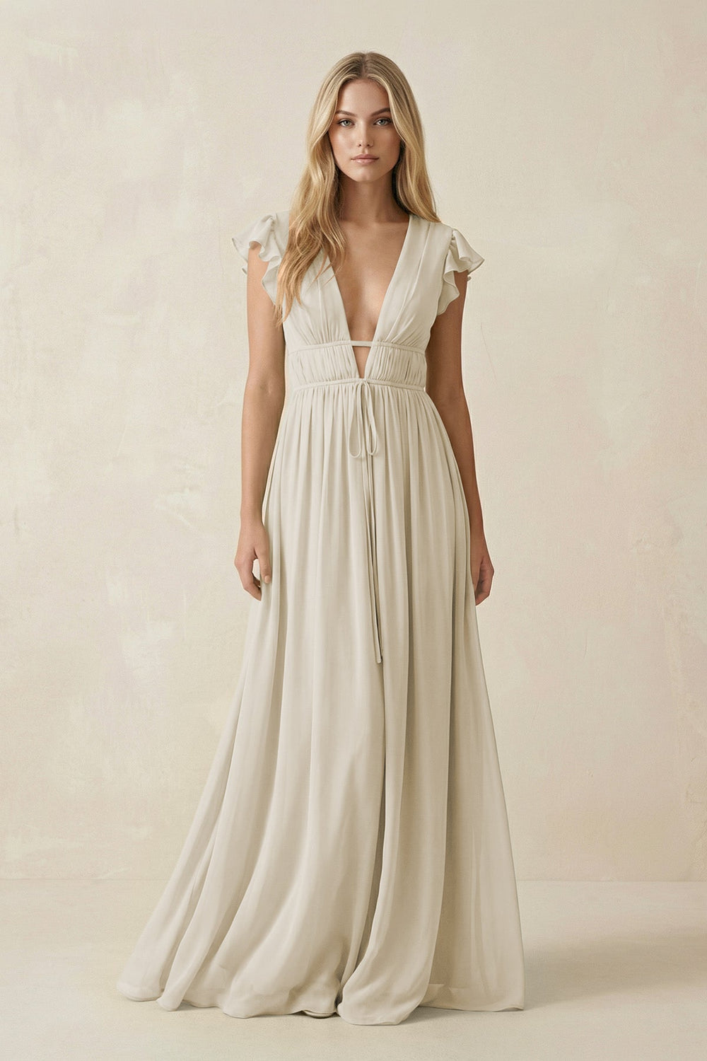 V - Neck A - Line Chiffon Cap Sleeves Bridesmaid Dress in Dove Gray - SHE IS ME Bridesmaid Dresses