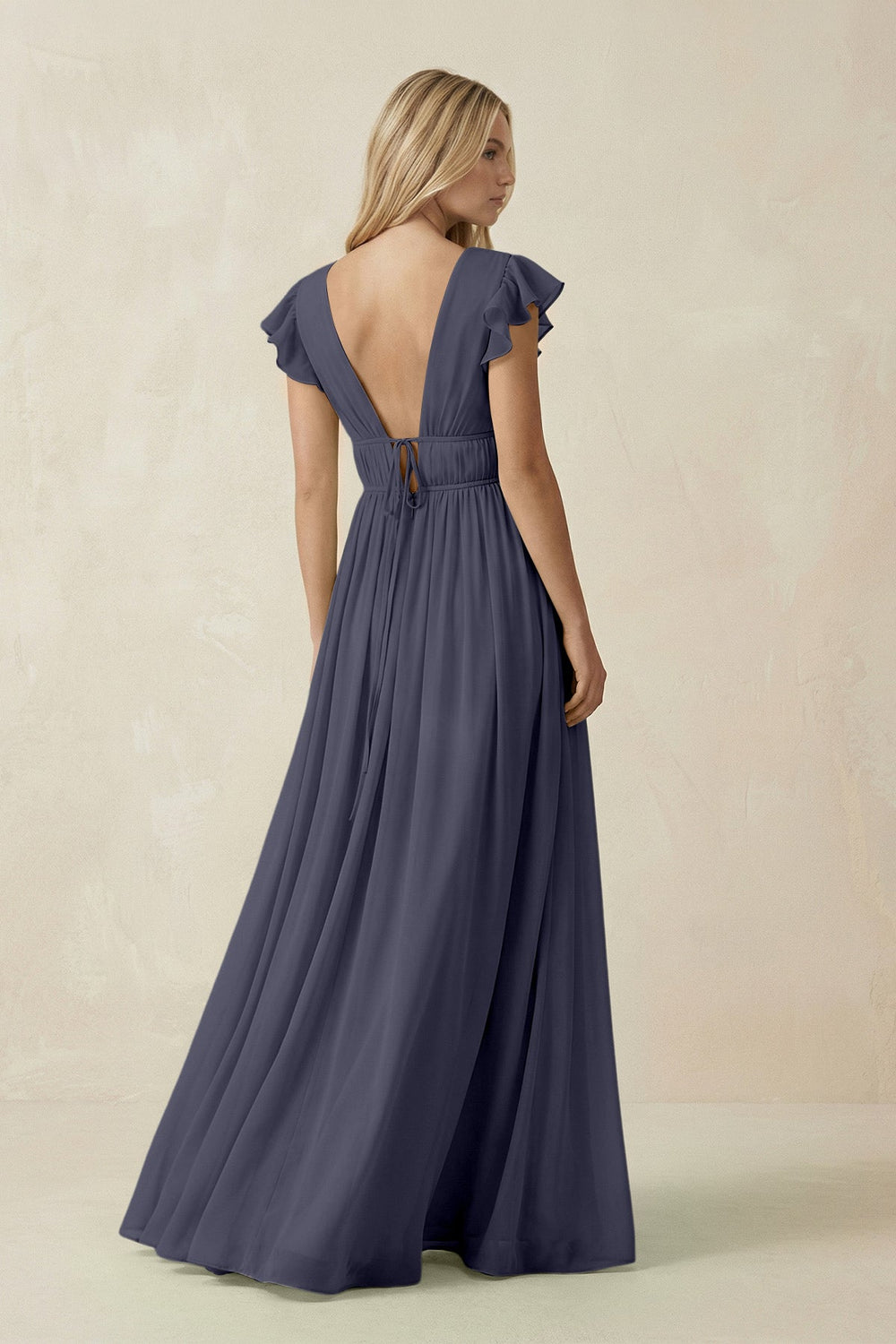 V - Neck A - Line Chiffon Cap Sleeves Bridesmaid Dress in Dusk Blue - SHE IS ME Bridesmaid Dresses