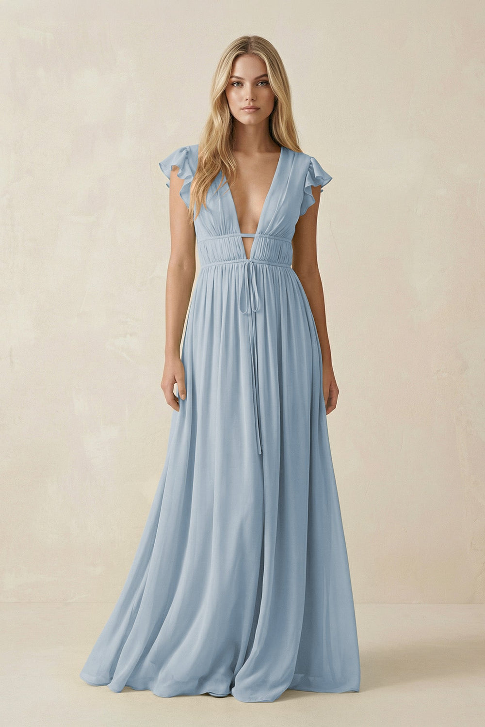 V - Neck A - Line Chiffon Cap Sleeves Bridesmaid Dress in Dusty Blue - SHE IS ME Bridesmaid Dresses