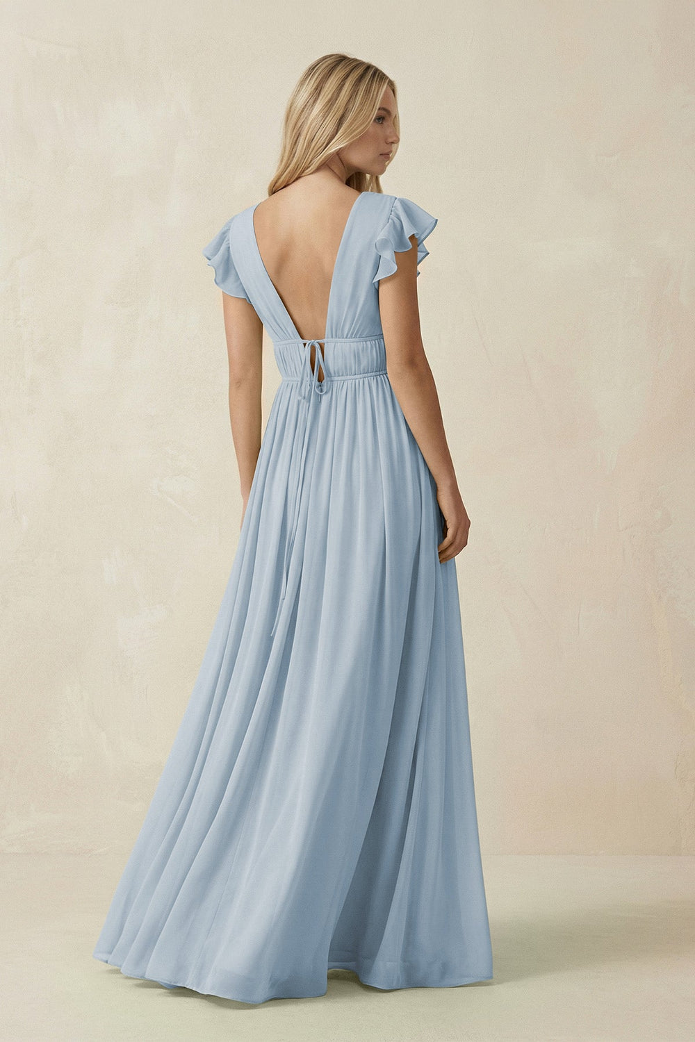 V - Neck A - Line Chiffon Cap Sleeves Bridesmaid Dress in Dusty Blue - SHE IS ME Bridesmaid Dresses