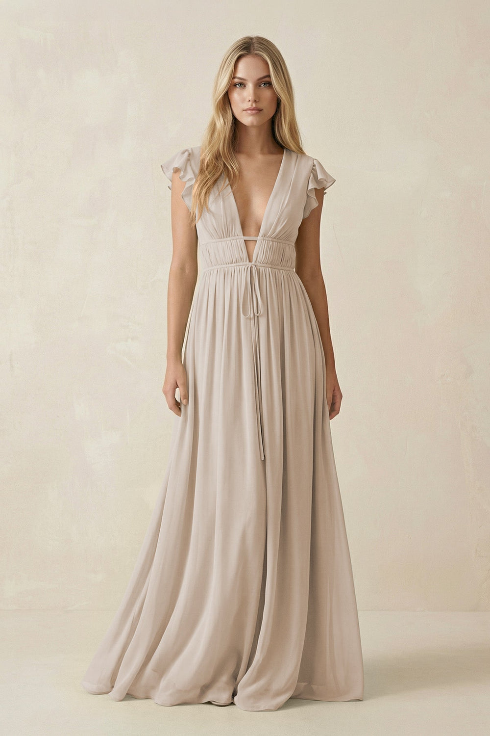 V - Neck A - Line Chiffon Cap Sleeves Bridesmaid Dress in Frost - SHE IS ME Bridesmaid Dresses
