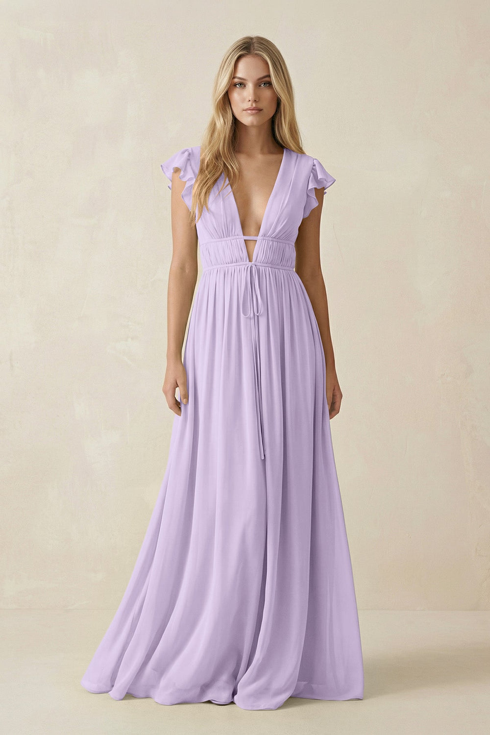 V - Neck A - Line Chiffon Cap Sleeves Bridesmaid Dress in Lavender - SHE IS ME Bridesmaid Dresses