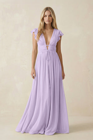 V - Neck A - Line Chiffon Cap Sleeves Bridesmaid Dress in Lavender - SHE IS ME Bridesmaid Dresses