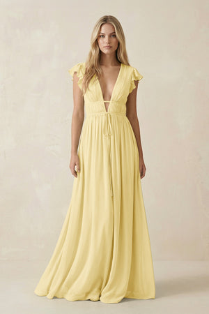 V - Neck A - Line Chiffon Cap Sleeves Bridesmaid Dress in Pastel Yellow - SHE IS ME Bridesmaid Dresses
