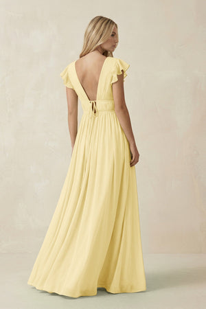 V - Neck A - Line Chiffon Cap Sleeves Bridesmaid Dress in Pastel Yellow - SHE IS ME Bridesmaid Dresses