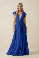 V - Neck A - Line Chiffon Cap Sleeves Bridesmaid Dress in Royal Blue - SHE IS ME Bridesmaid Dresses