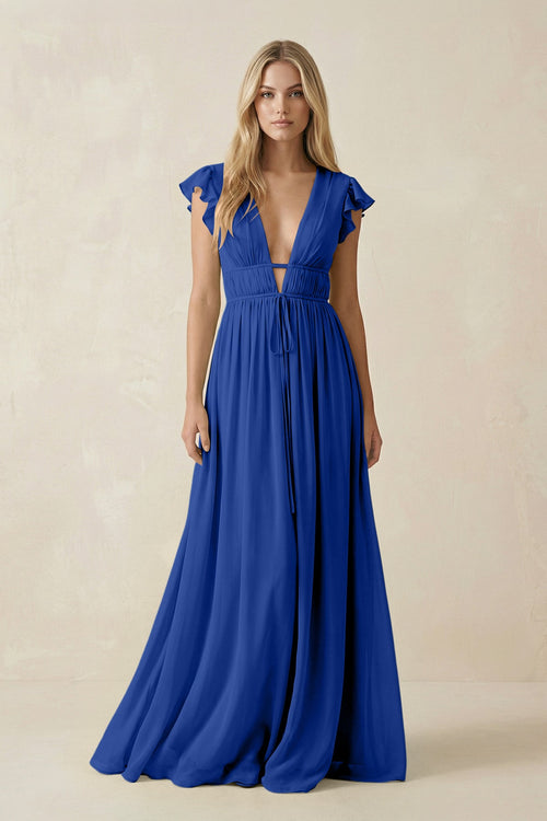 V - Neck A - Line Chiffon Cap Sleeves Bridesmaid Dress in Royal Blue - SHE IS ME Bridesmaid Dresses